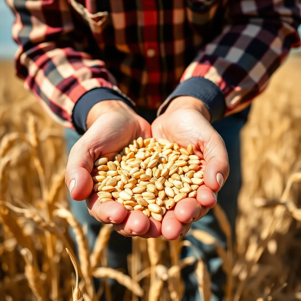 Фермер осматривает качество зерна пшеницы на поле в Казахстане